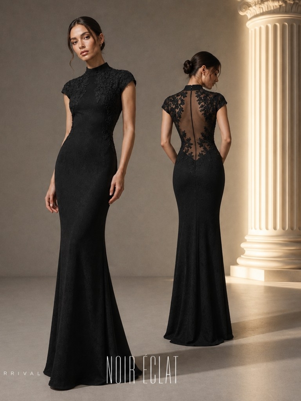 Betsy & Adam Black Cap Sleeve Lace-Back Maxi Gown